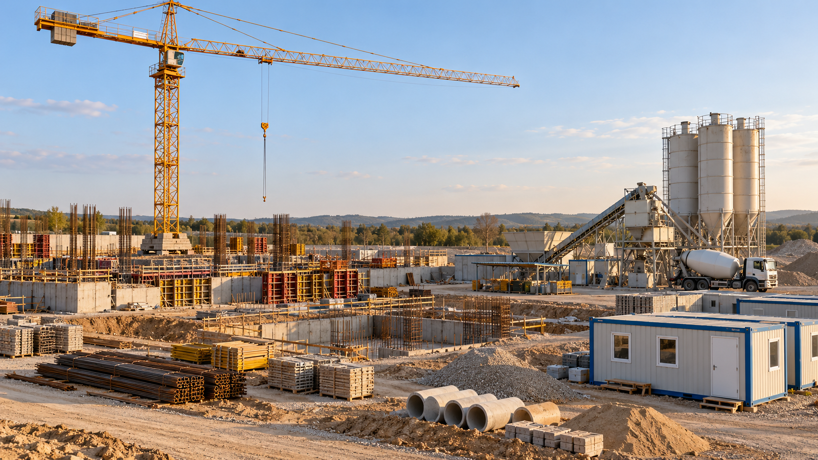 Construction stages and electrical load planning Tower crane, concrete batching plant and temporary cabins across a construction site