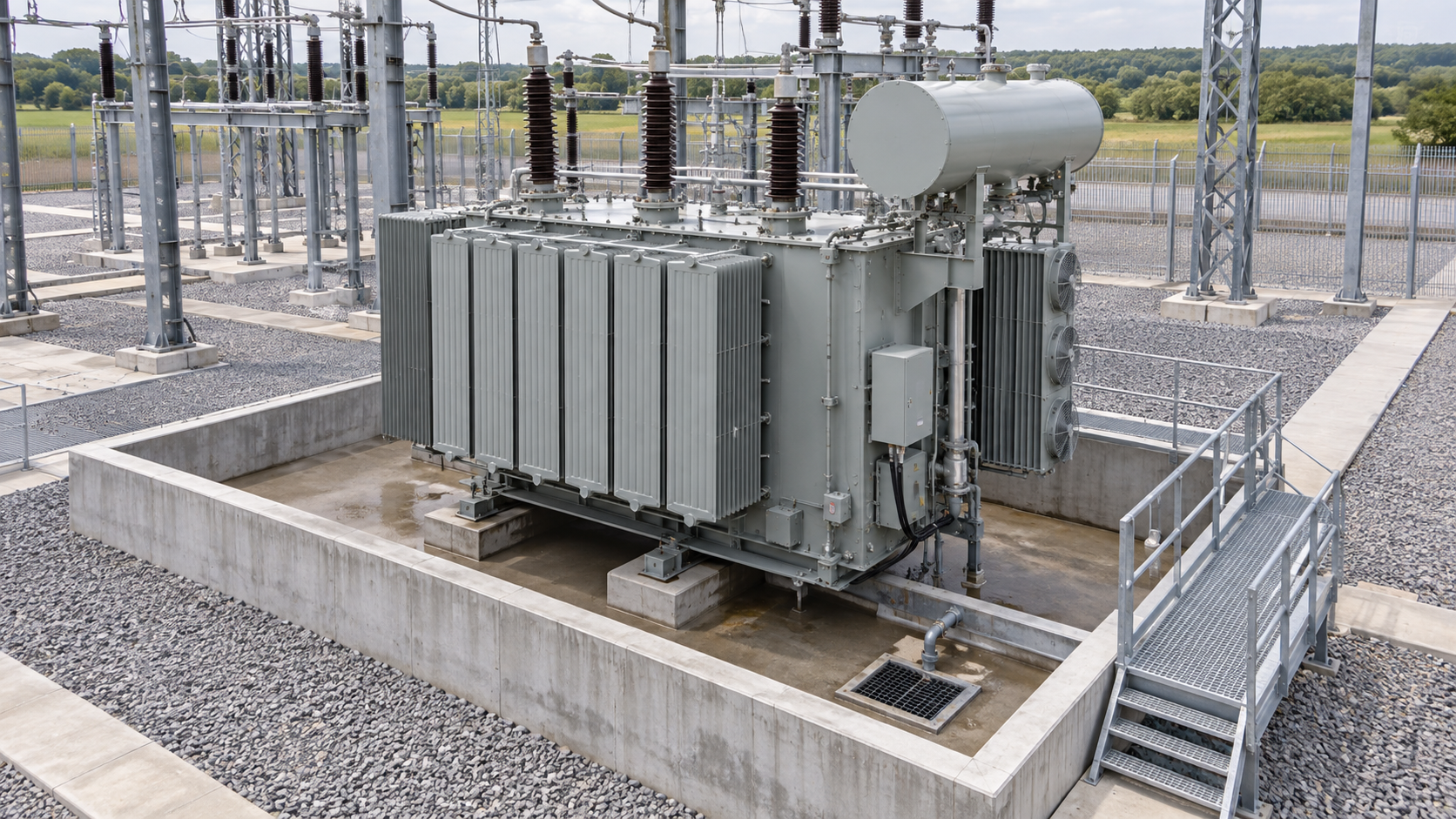 Transformer Fire Protection Interface for Middle East EPC Projects: Containment, Separation and Controls 4 Transformer fire protection interface showing oil containment and drainage around an oil immersed transformer