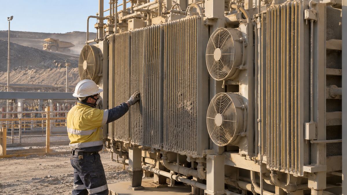 Mining Transformer Radiator Dust Inspection Concept illustration of a technician inspecting dust on transformer radiators