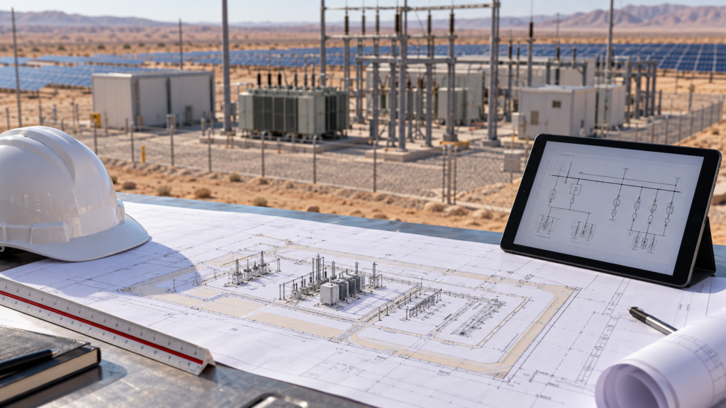 Substation layout drawings reviewed against a solar project site plan