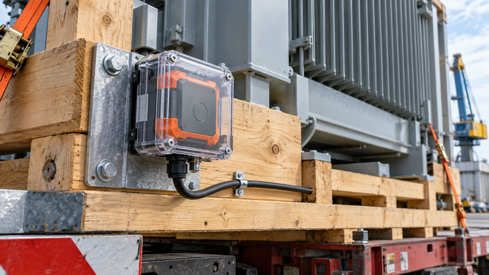 Impact recorder enclosed on a transformer transport frame
