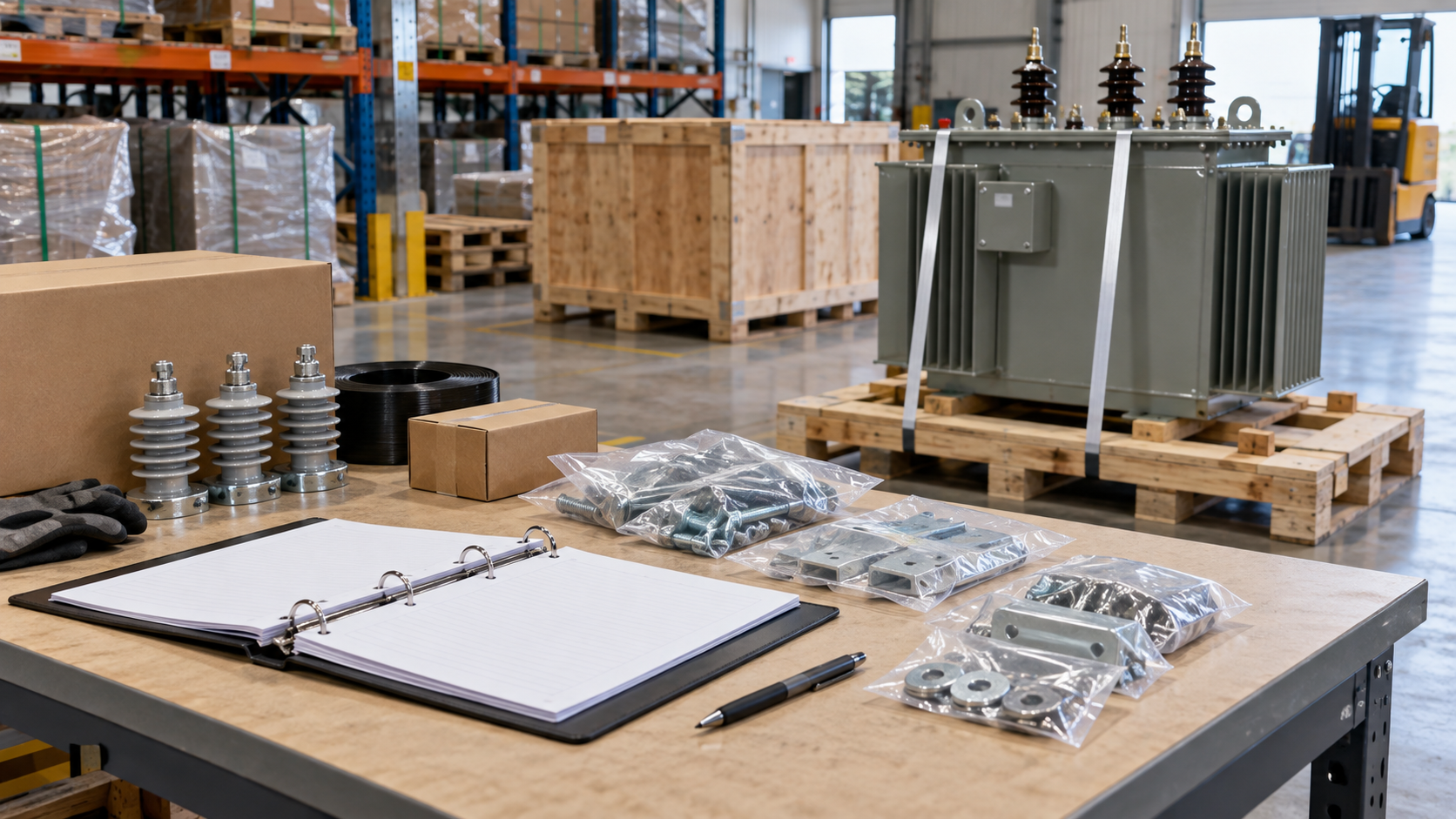 Transformer hardware kits and an inspection binder prepared beside a unit awaiting dispatch