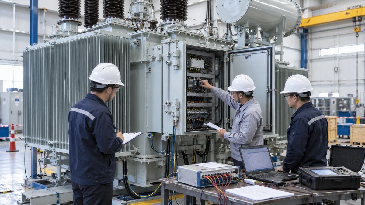 Mining Transformer Factory Interface Review Concept illustration of factory engineers reviewing a transformer control cabinet