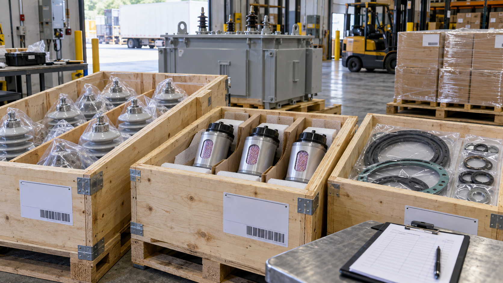 Protected transformer bushings, gasket kits and preservation canisters arranged in warehouse crates