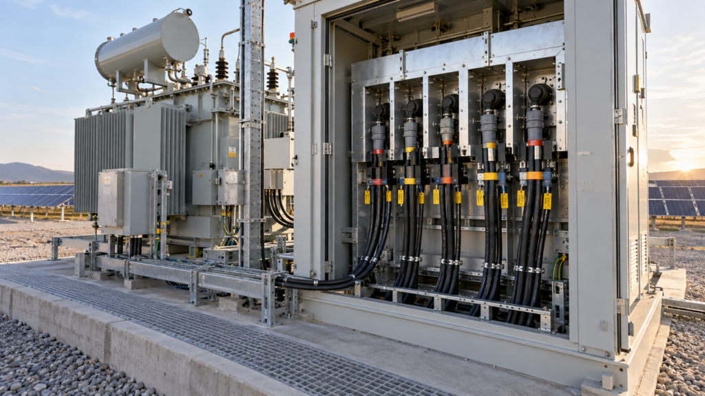 Open packaged substation showing transformer and medium-voltage cable terminations