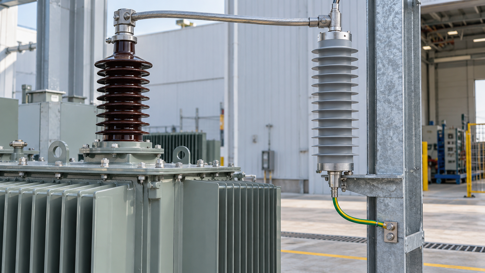Close view of a surge arrester adjacent to a transformer bushing