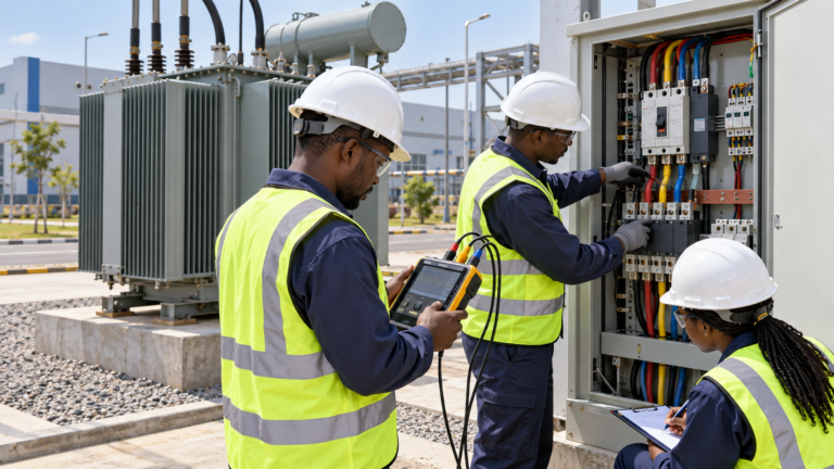 Industrial distribution transformers supplying staged loads across an industrial park