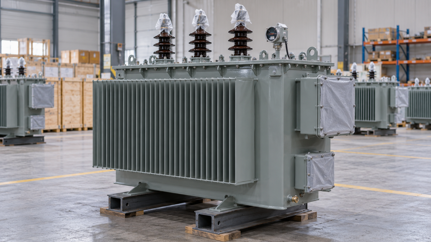Oil-immersed distribution transformer on steel skids with bushings and cable openings protected