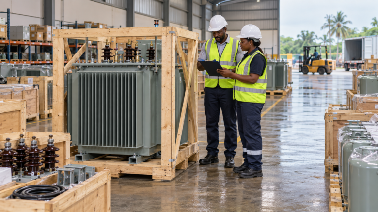 Warehouse inspectors reviewing a crated distribution transformer at receiving