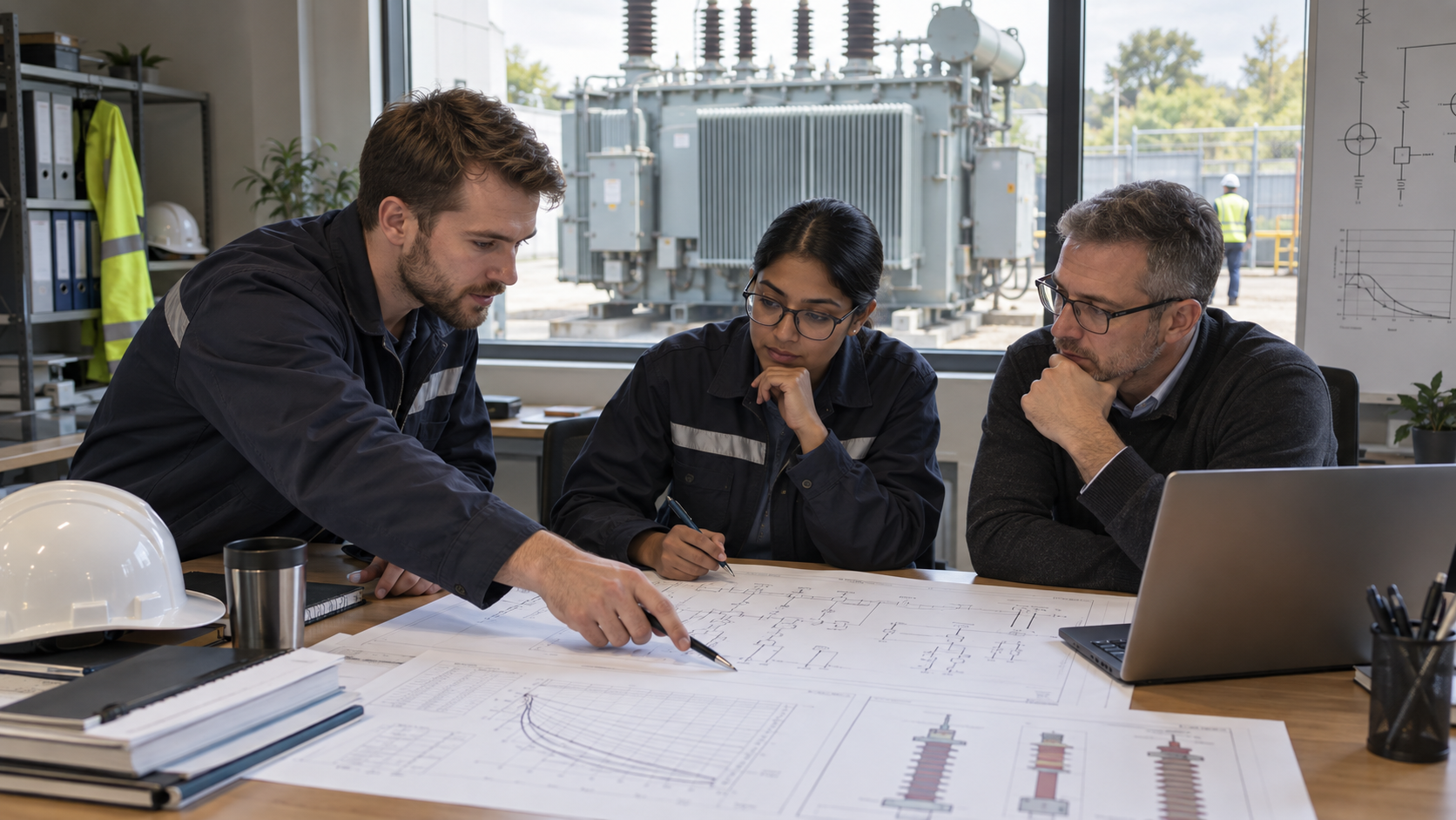 Engineers reviewing transformer and arrester installation drawings