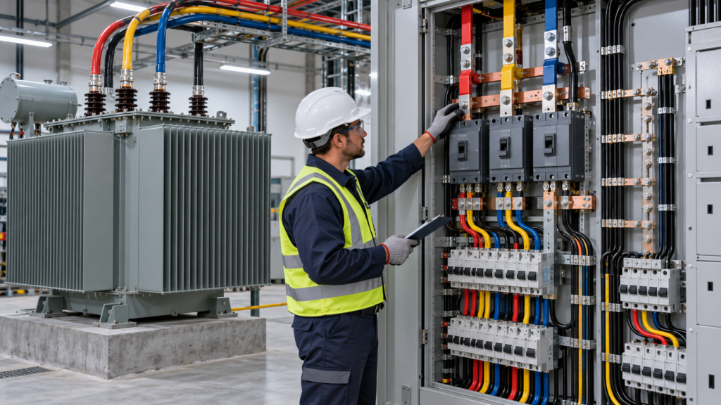 Transformer Phase Load Balancing for African Industrial Parks: Surveys, Neutral Duty and Expansion 6 Electrical engineer comparing industrial feeder loads on a monitoring display