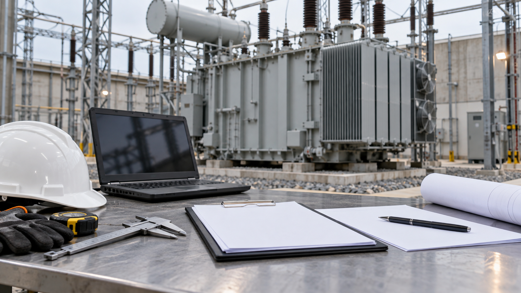 Factory release documentation review Inspection documents on a worktable near a power transformer