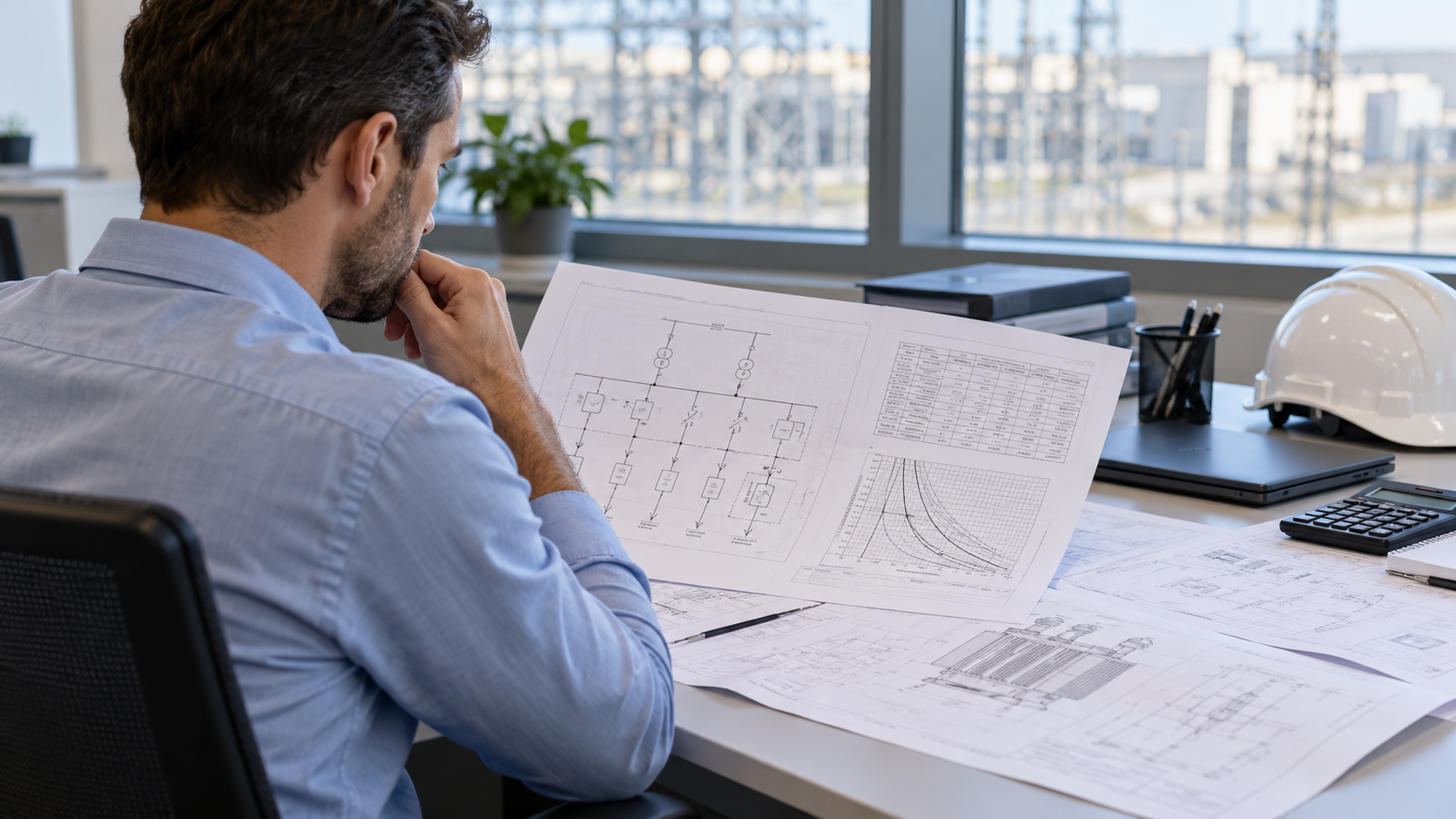 Fault study and transformer duty review Engineer reviewing a transformer single-line diagram and fault study