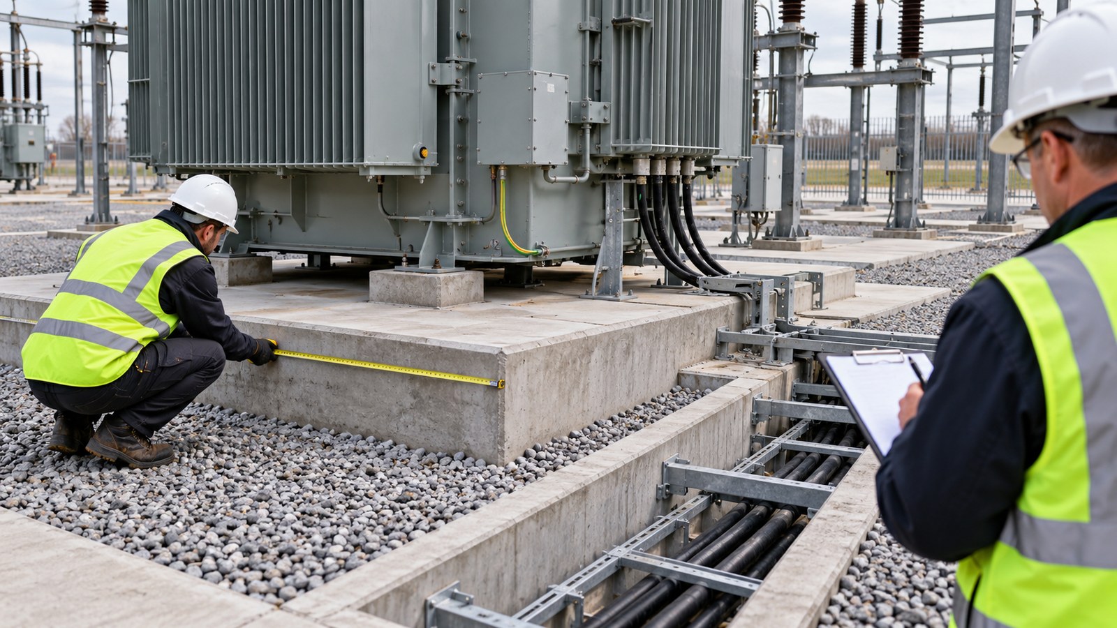 Transformer Replacement Survey for Gulf Petrochemical Turnarounds: As-Built Interfaces and Bid Package 6 Engineers checking transformer foundation clearance, cable trench and mounting interfaces