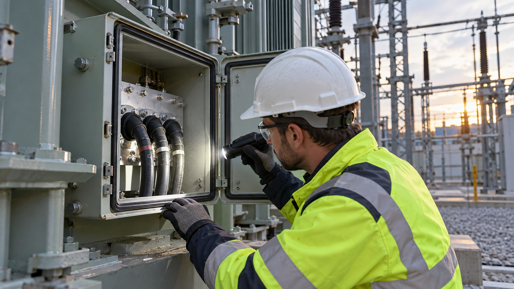 Terminal Box Gasket and Cable Gland Inspection Engineer inspecting transformer terminal-box gasket and cable glands with a flashlight