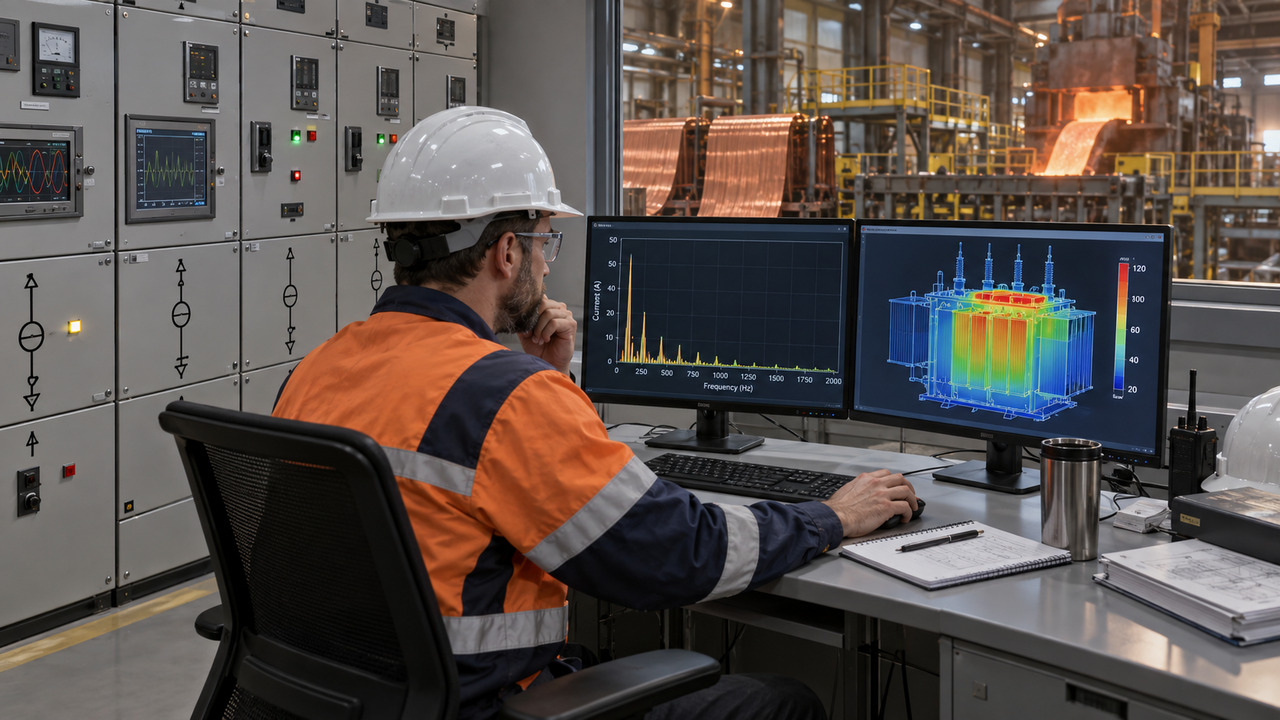 Harmonic Spectrum and Transformer Thermal Review Electrical engineer reviewing harmonic spectrum and transformer thermal loading at a copper processing plant