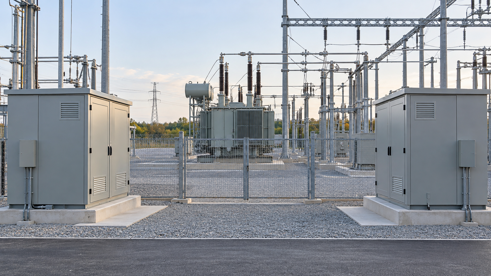 Metering Ownership Boundary Closed metering kiosks along an industrial substation boundary