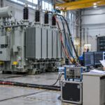 Engineers performing factory acceptance testing on an industrial oil-immersed transformer