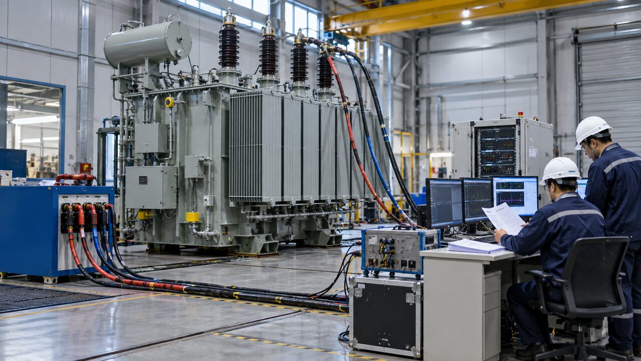 Industrial Transformer FAT Testing Engineers performing factory acceptance testing on an industrial oil-immersed transformer