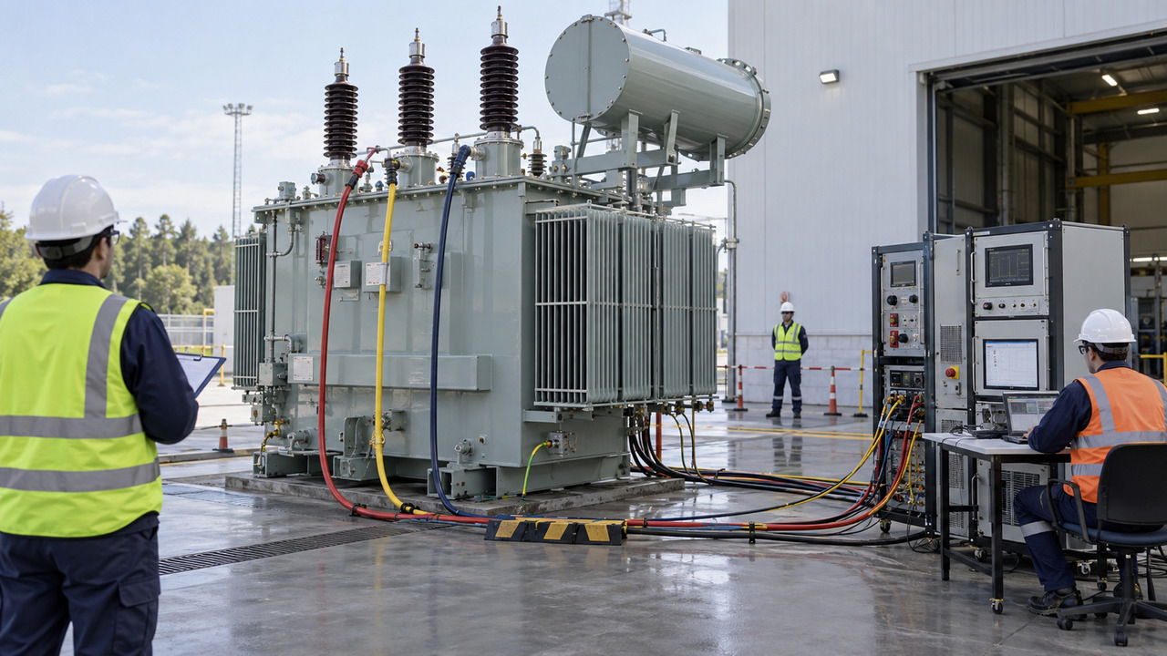 Industrial Transformer Harmonic Duty FAT Technicians conducting factory acceptance checks on an industrial oil immersed transformer