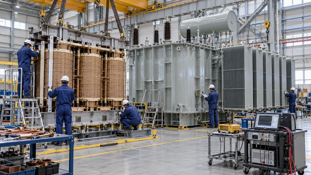 Large oil-immersed power transformer undergoing illustrated factory assembly and inspection