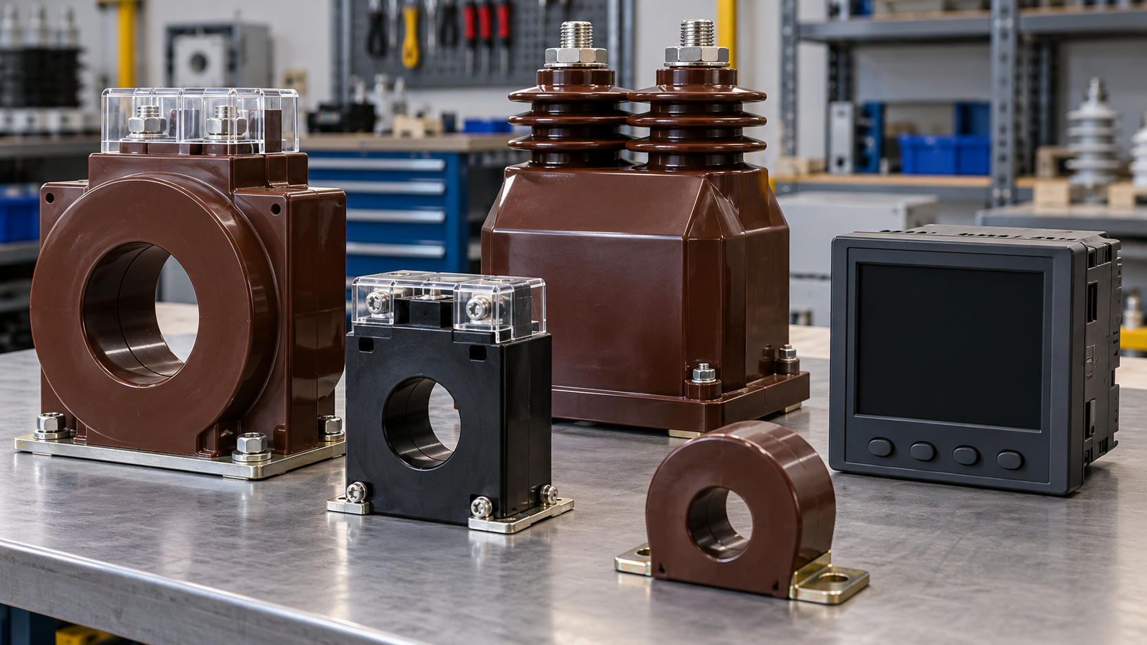 Metering CT and VT Review Instrument transformer components beside an energy meter on a workbench