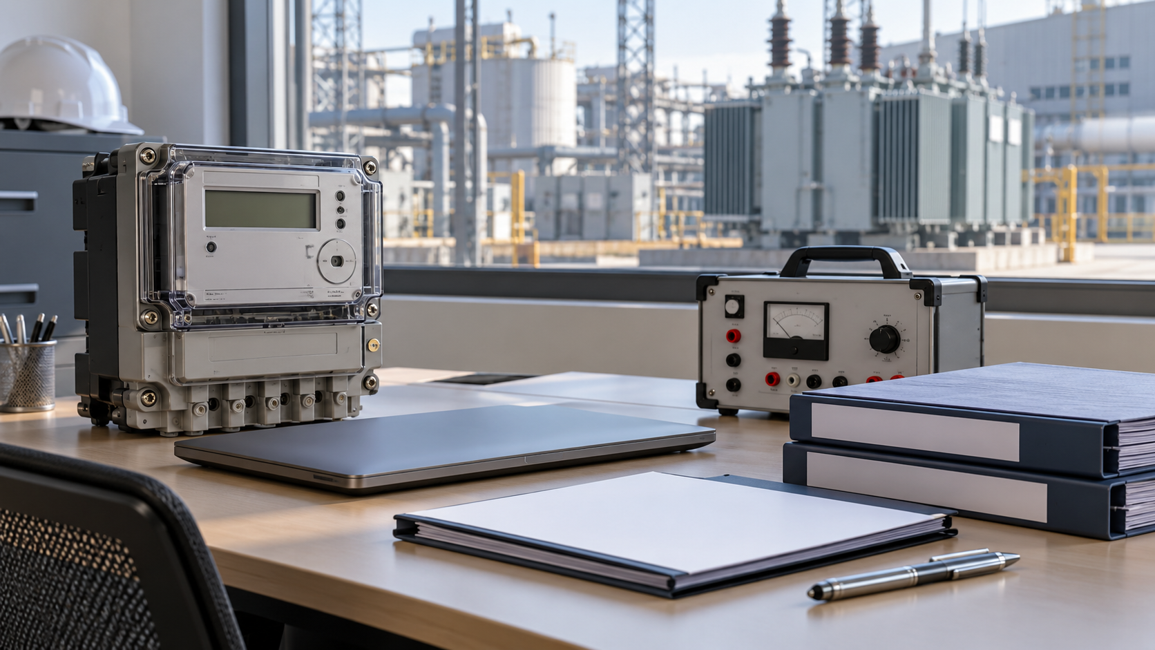 Metering Data Handover Review Energy meter, inspection folders and test equipment on an engineering desk