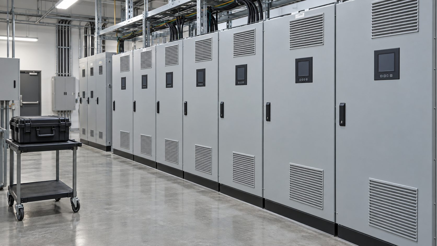Peru Mining Transformer Bid Review: Harmonic Guarantees and Short-Circuit Evidence 4 Closed variable-speed-drive cabinets beside a portable instrument case in an industrial electrical room
