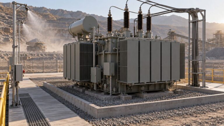 Outdoor power transformer with radiator cooling and maintenance clearance at a dusty mining site