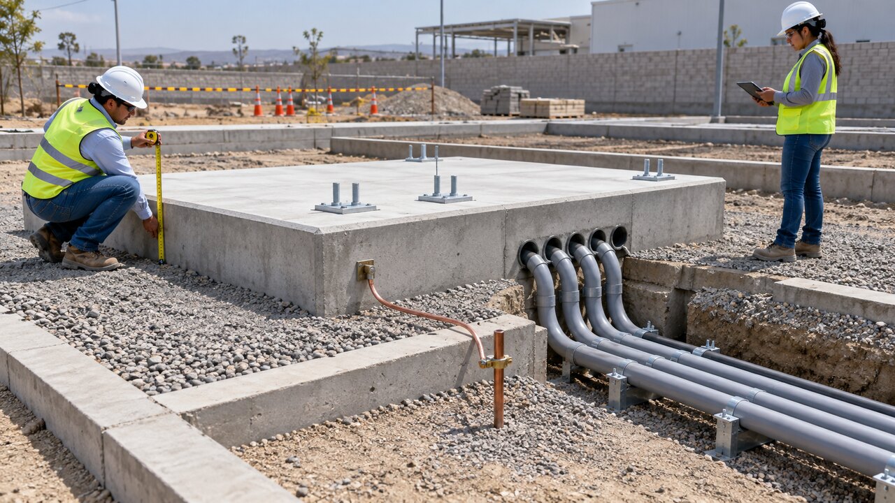 Fondation pour transformateur monté sur socle et raccordement des câbles Des ingénieurs vérifient un socle en béton pour transformateur, des gaines de câbles souterraines et la mise à la terre avant l'installation des équipements