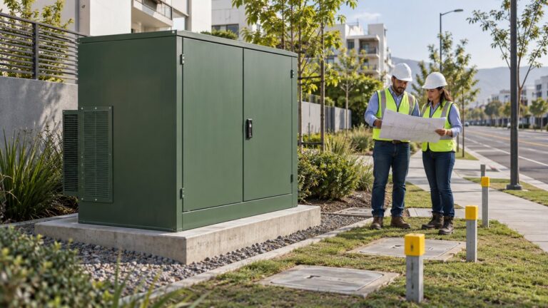 Pad-mounted distribution transformer beside an urban utility corridor while engineers review project drawings