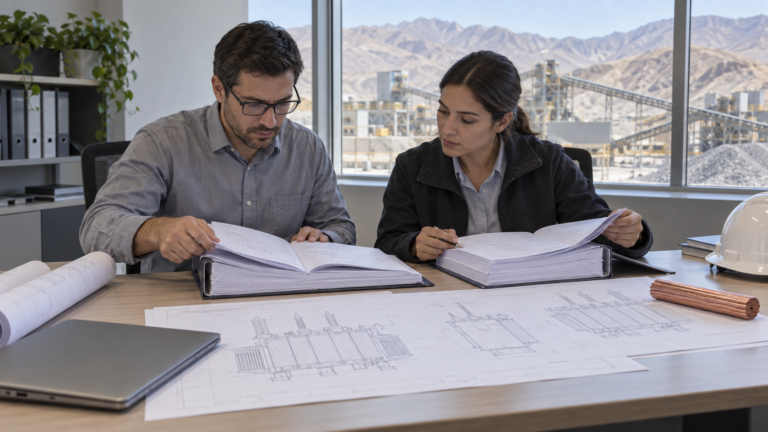 Engineers comparing transformer bid documents at a desk with an industrial plant visible beyond the window