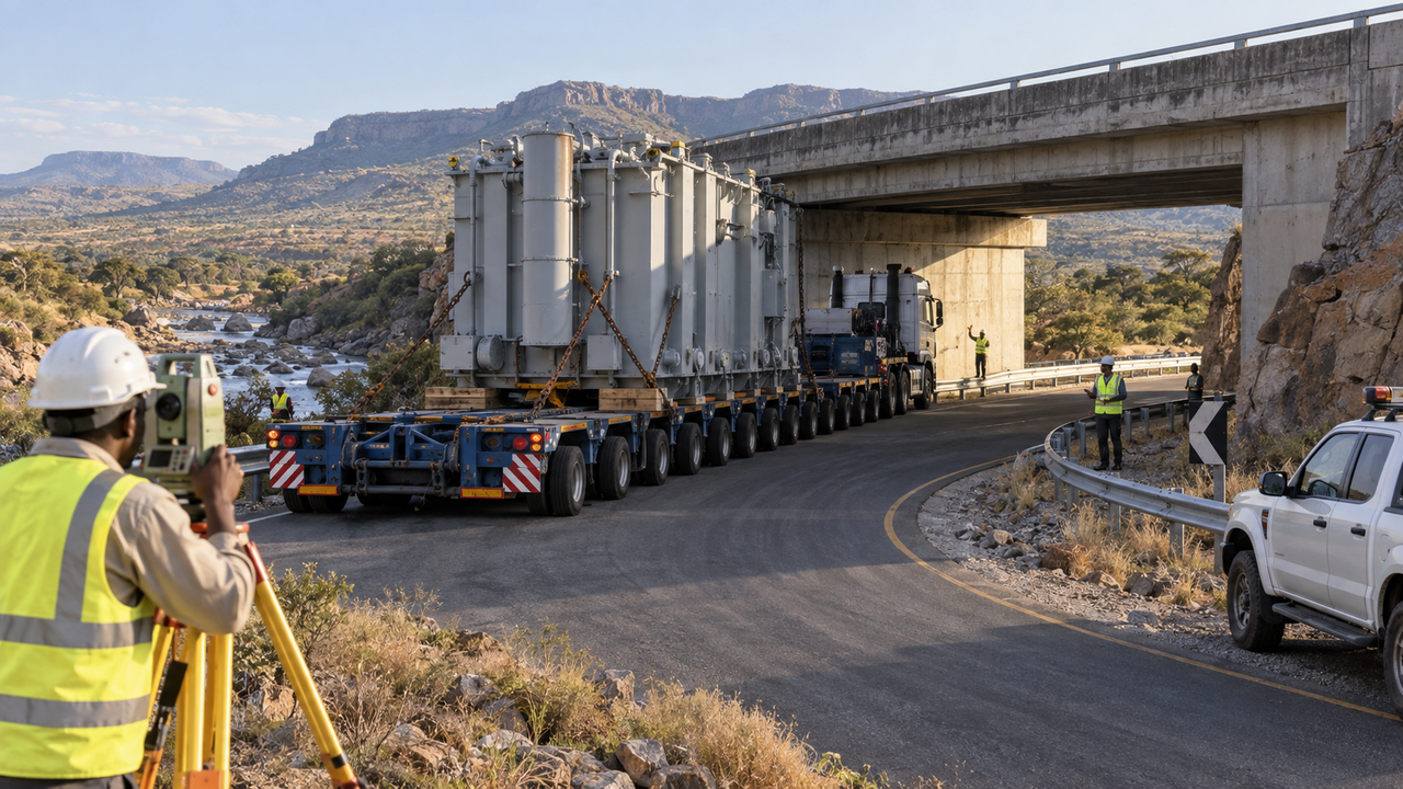 Route survey team checking bridge clearance for heavy-haul transport of a power transformer