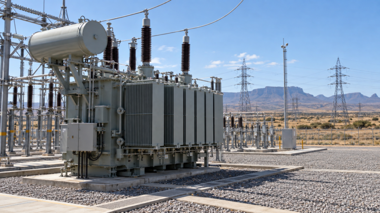 Large oil-immersed power transformer installed in a South African high-voltage substation