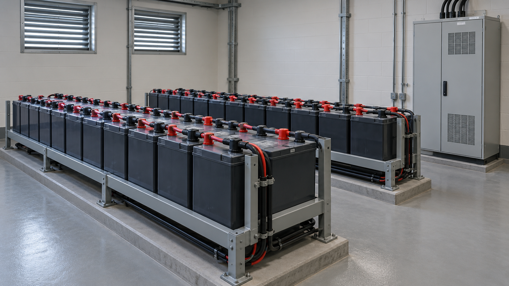 Substation DC Auxiliary Supply Stationary battery racks and a closed charger cabinet in a substation auxiliary supply room