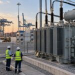 Oil-immersed transformer beside container cranes and reefer equipment in a coastal port application