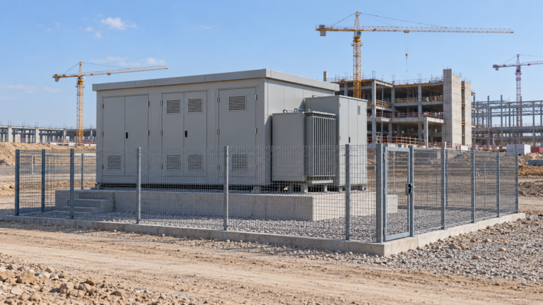 Enclosed transformer substation within a fenced construction power compound
