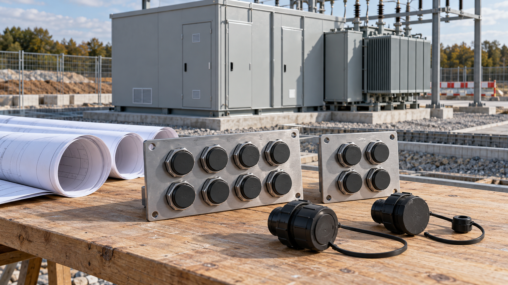 Temporary power cable interface planning Cable entry plates and protective caps on a table near enclosed substation equipment