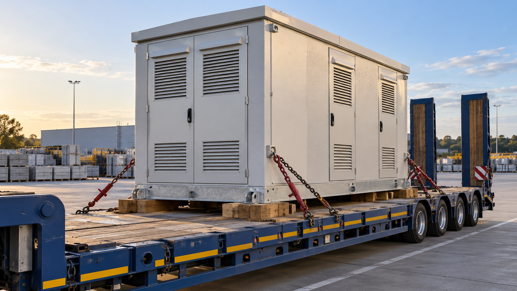 Temporary substation relocation planning Enclosed substation secured on a flatbed trailer in a logistics yard