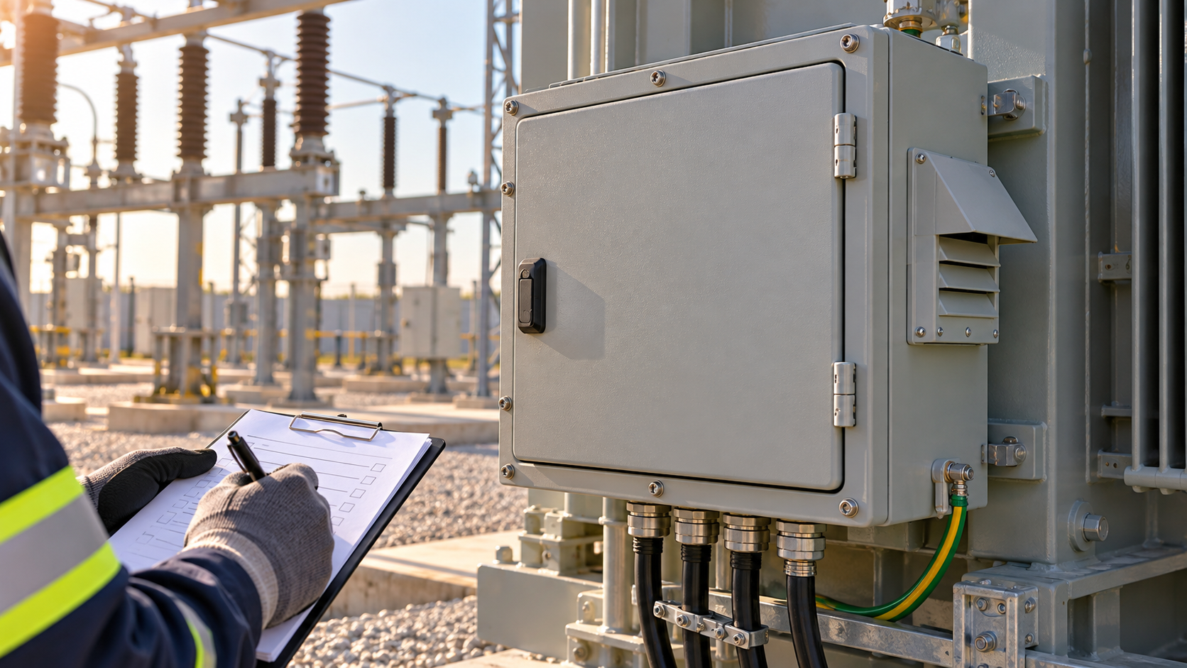 Transformer Terminal Box Closure Checklist Technician reviewing closed transformer terminal box and cable entries with checklist