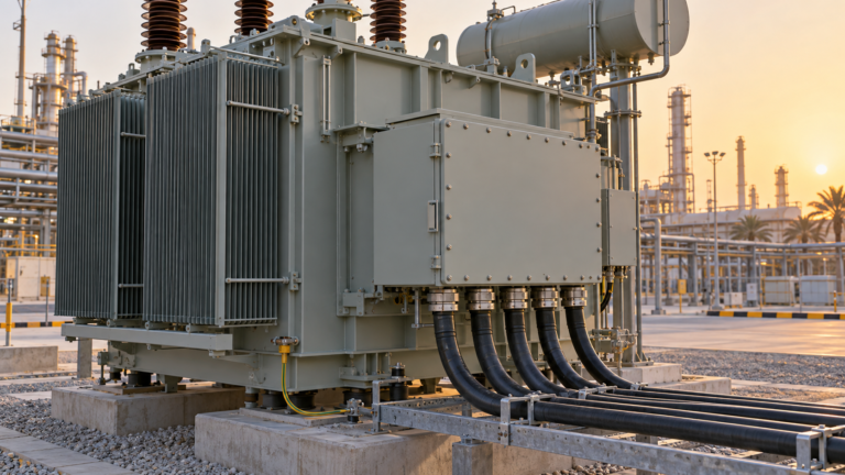 Outdoor power transformer with sealed terminal box and cable entries at an industrial plant