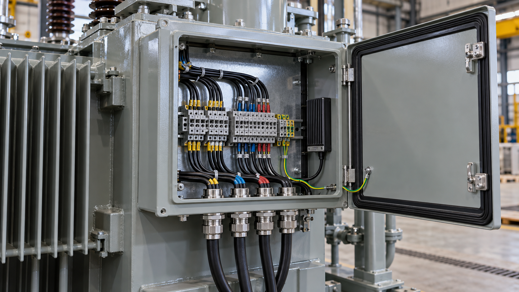 Transformer Terminal Box Interior and Heater Open transformer terminal enclosure showing wiring, cable glands, door gasket and heater