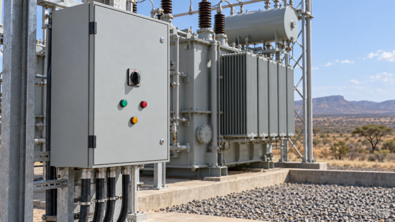 Closed transformer auxiliary control cabinet beside an outdoor power transformer