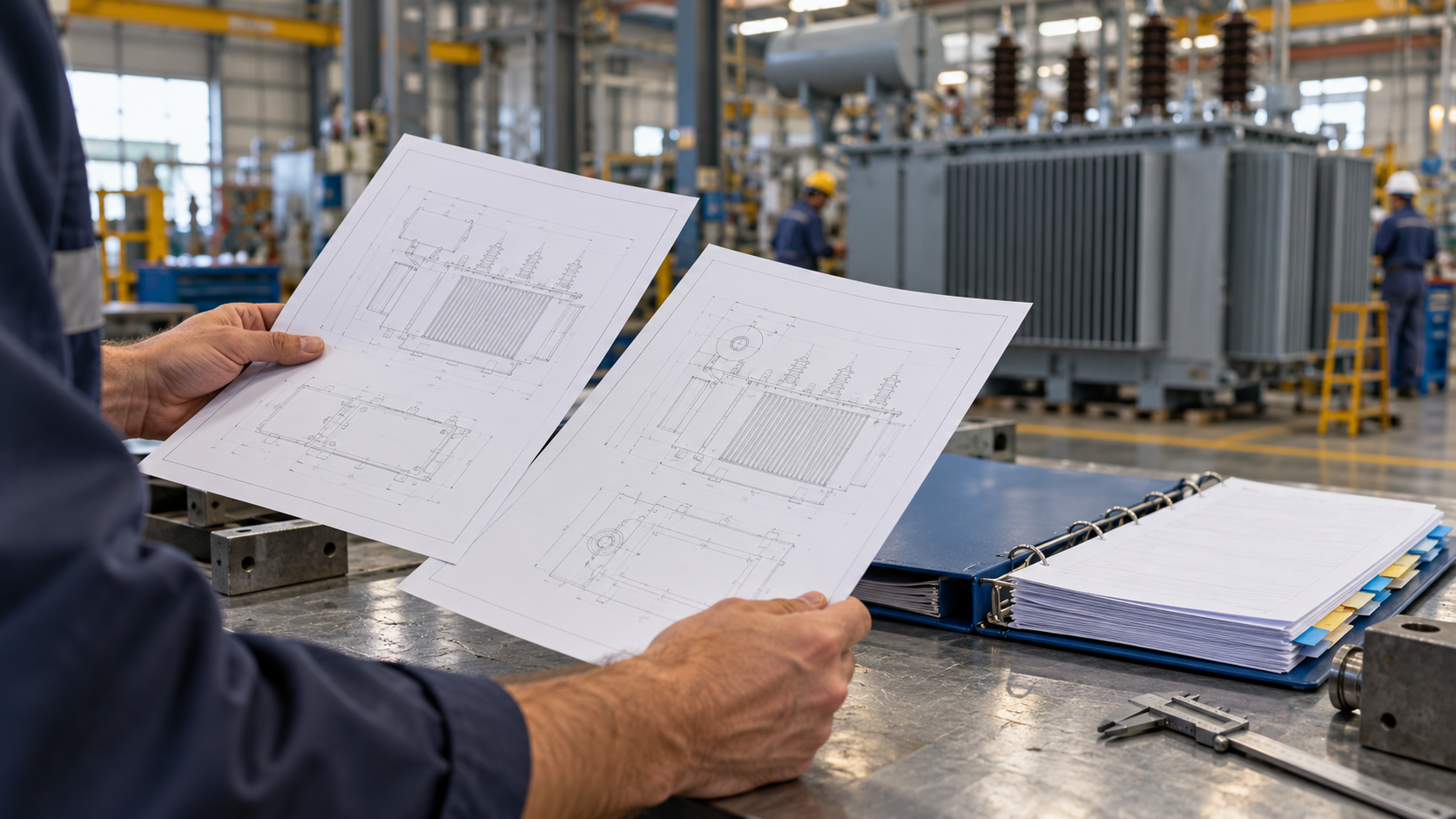 Transformer Bid Revision Comparison Hands comparing transformer drawings beside an organised document folder