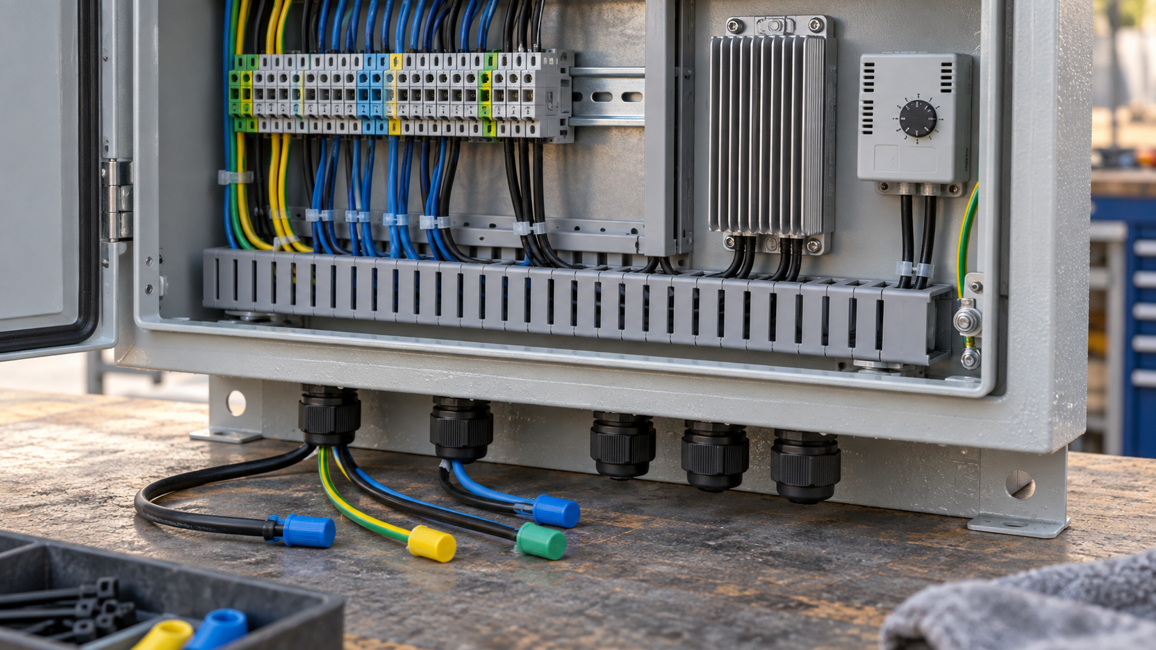 Transformer Cabinet Preservation Heater Cabinet heater, thermostat, terminal rail and sealed cable entries in an isolated control cabinet