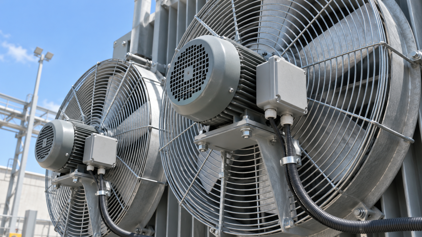 Transformer Cooling Fan Motor Loads Guarded transformer cooling fan motors with sealed cable entries