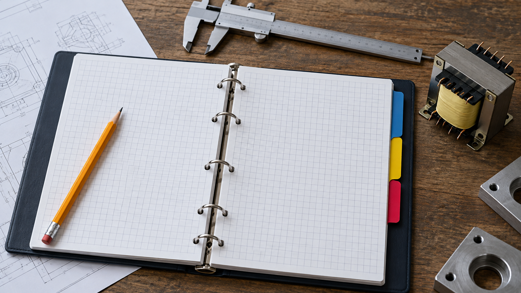 Transformer Deviation Register Records Open grid-page binder with coloured tabs and engineering tools on a desk