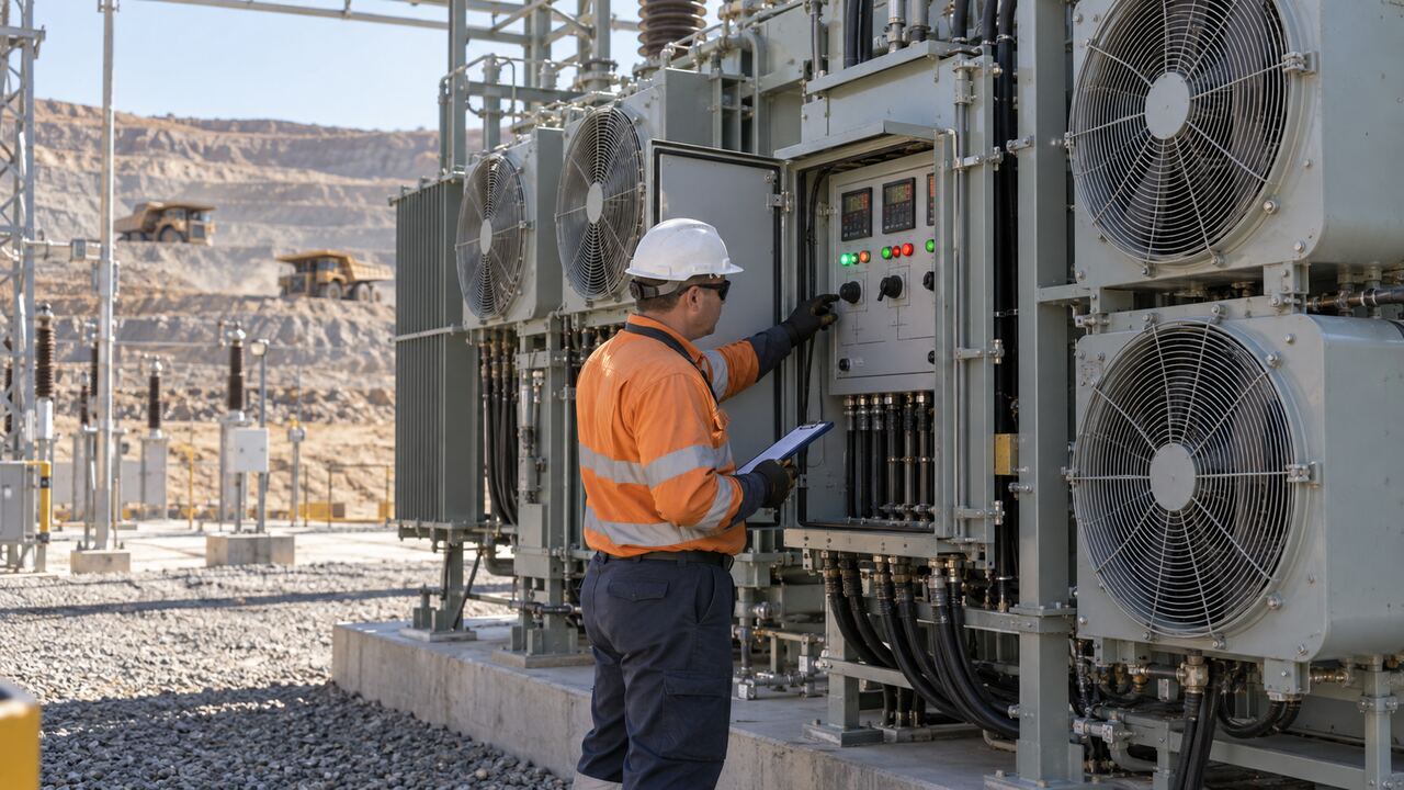 Transformer Fan Control Commissioning Technician commissioning transformer fan controls and temperature indicators at a mining substation