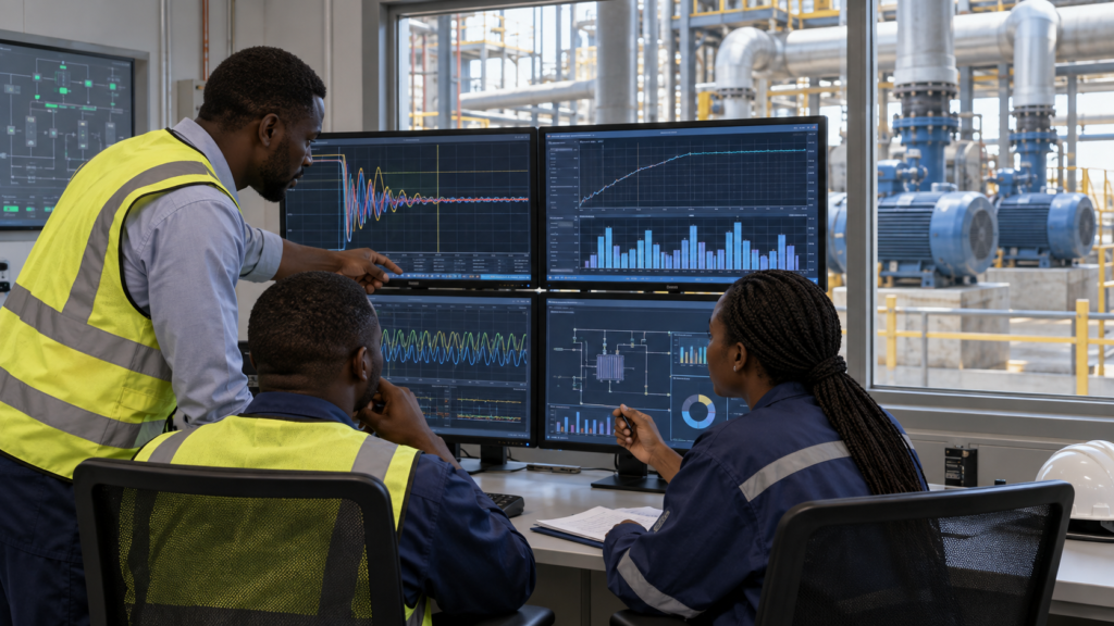 Transformer Performance Monitoring and Power System Analysis Engineers monitoring transformer performance and power system data in an industrial control room