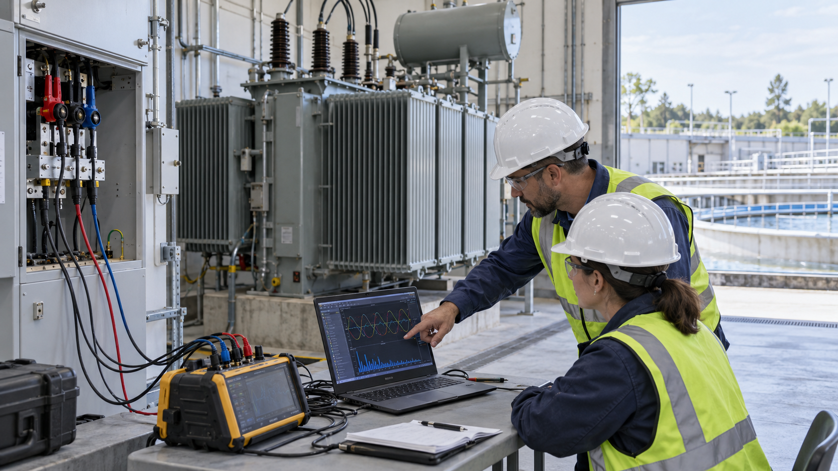 Engineers reviewing transformer harmonic measurements for water-treatment VFD loads